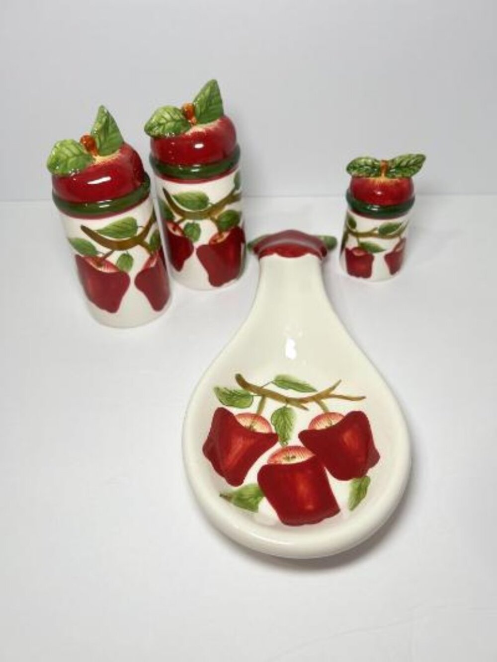 Ceramic Apple Set - Salt & Pepper Shakers Toothpick Holder Spoon Rest New 4 Pcs